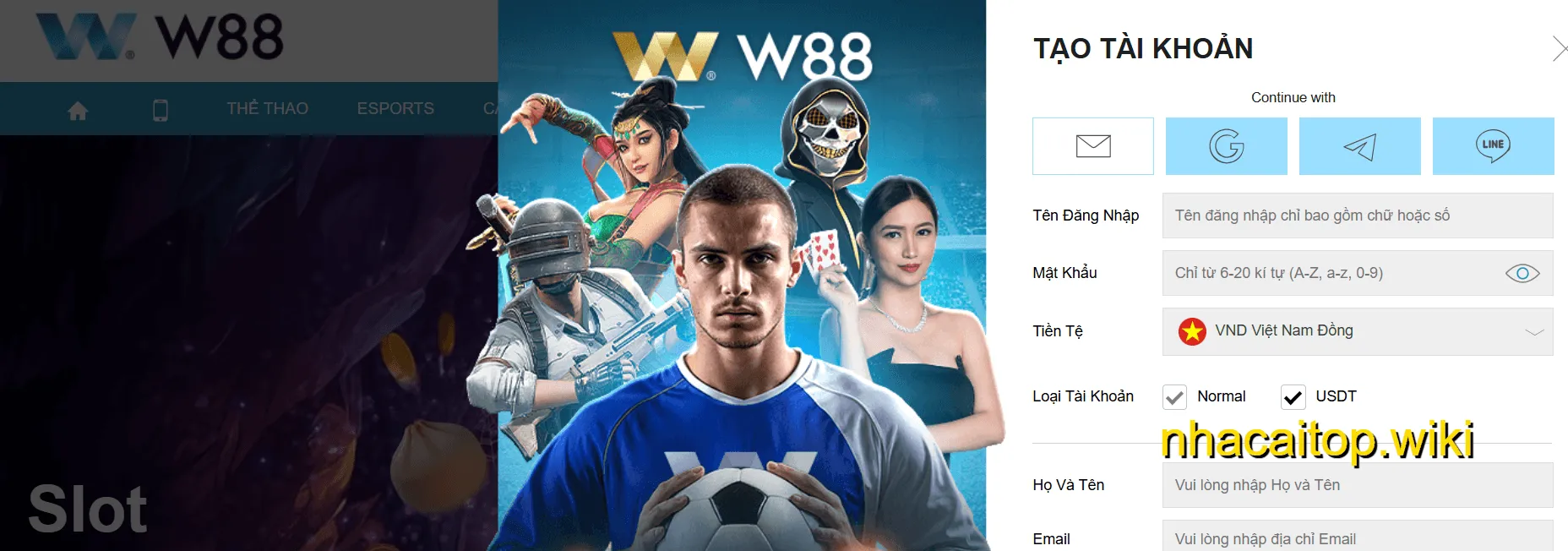 Phiếu đăng ký tài khoản của W88