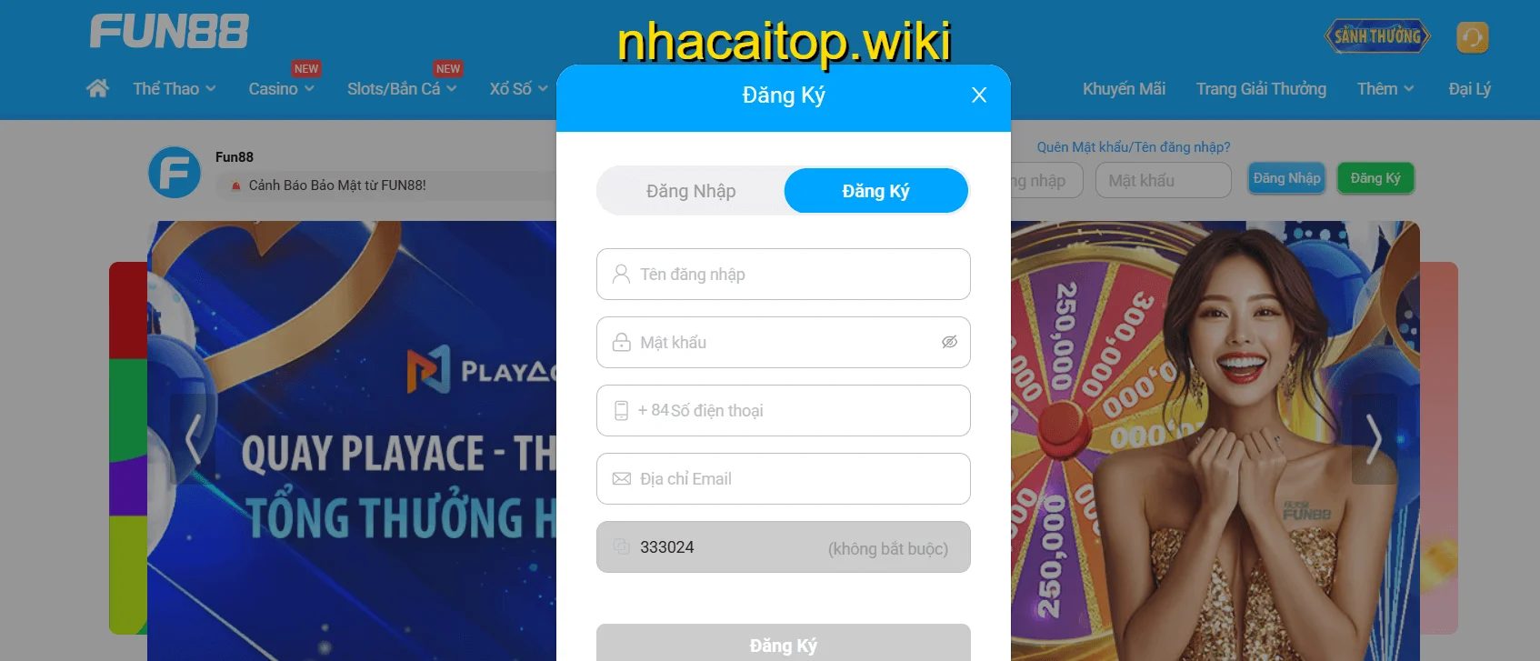 Phiếu đăng ký tài khoản Fun88