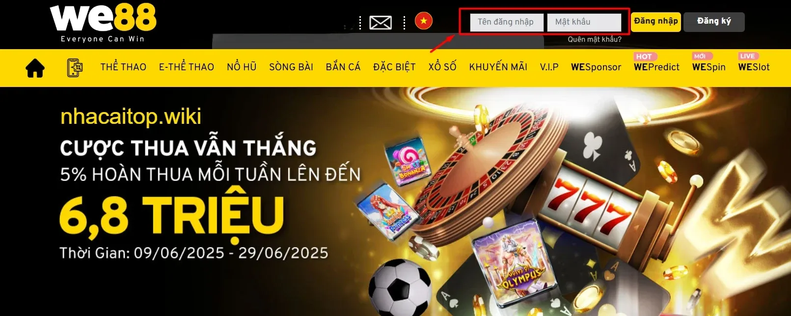 Cung cấp thông tin tài khoản để đăng nhập We88