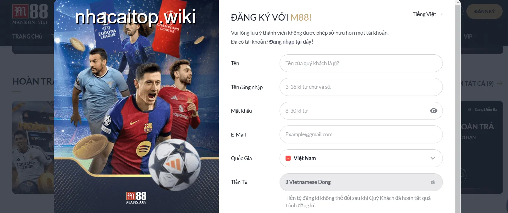 Đăng ký tài khoản M88