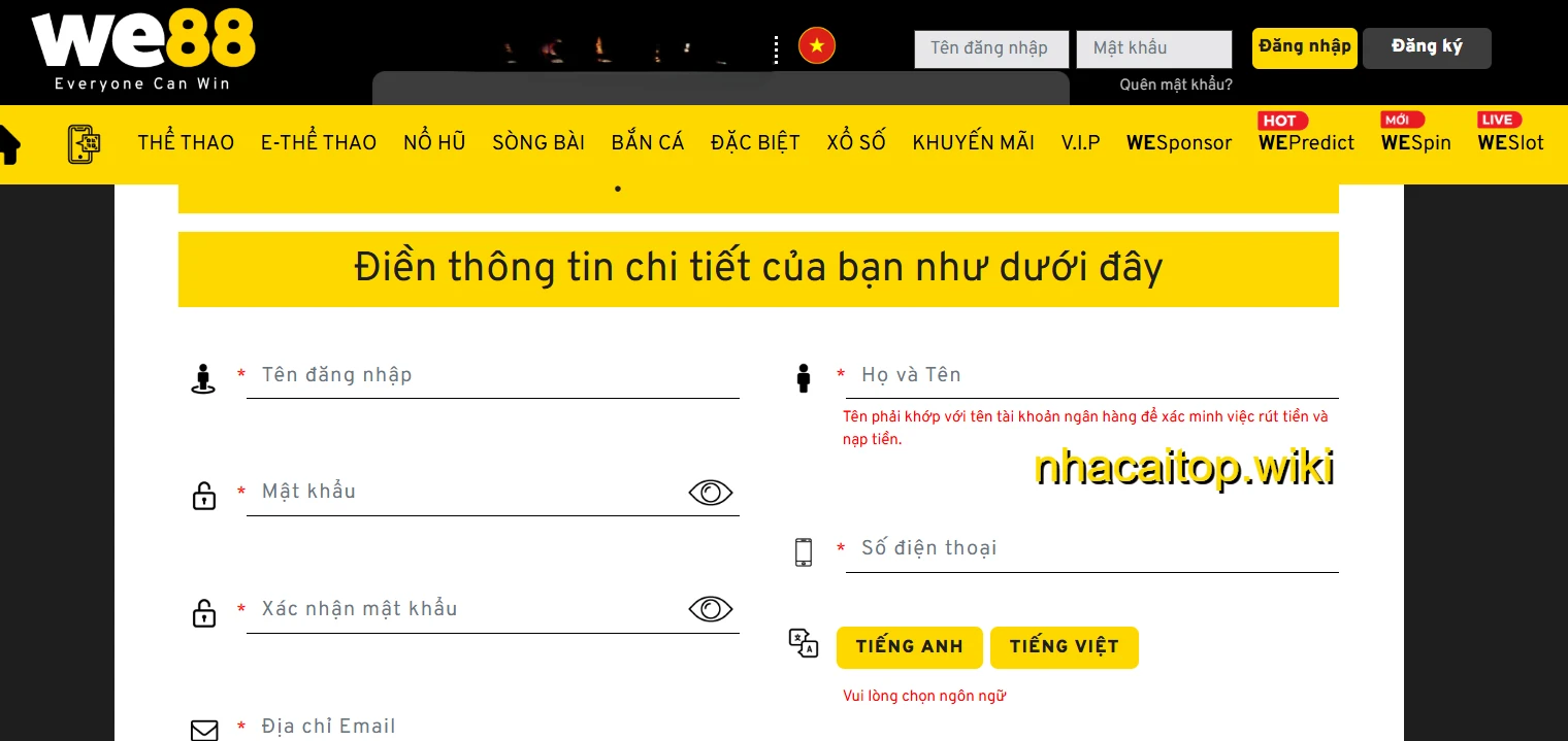 Đăng ký tài khoản thành viên tại We88